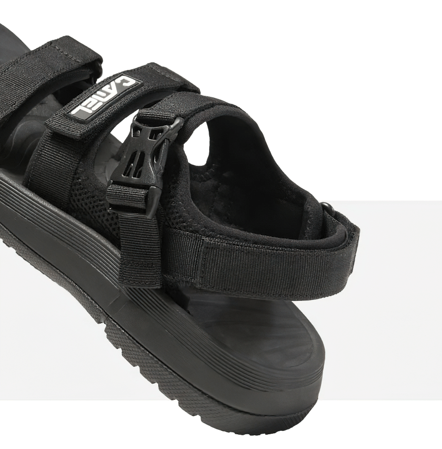 Black women's thick bottom breathable beach sandal with hook & loop closure, perfect for outdoor adventures and beach fun.